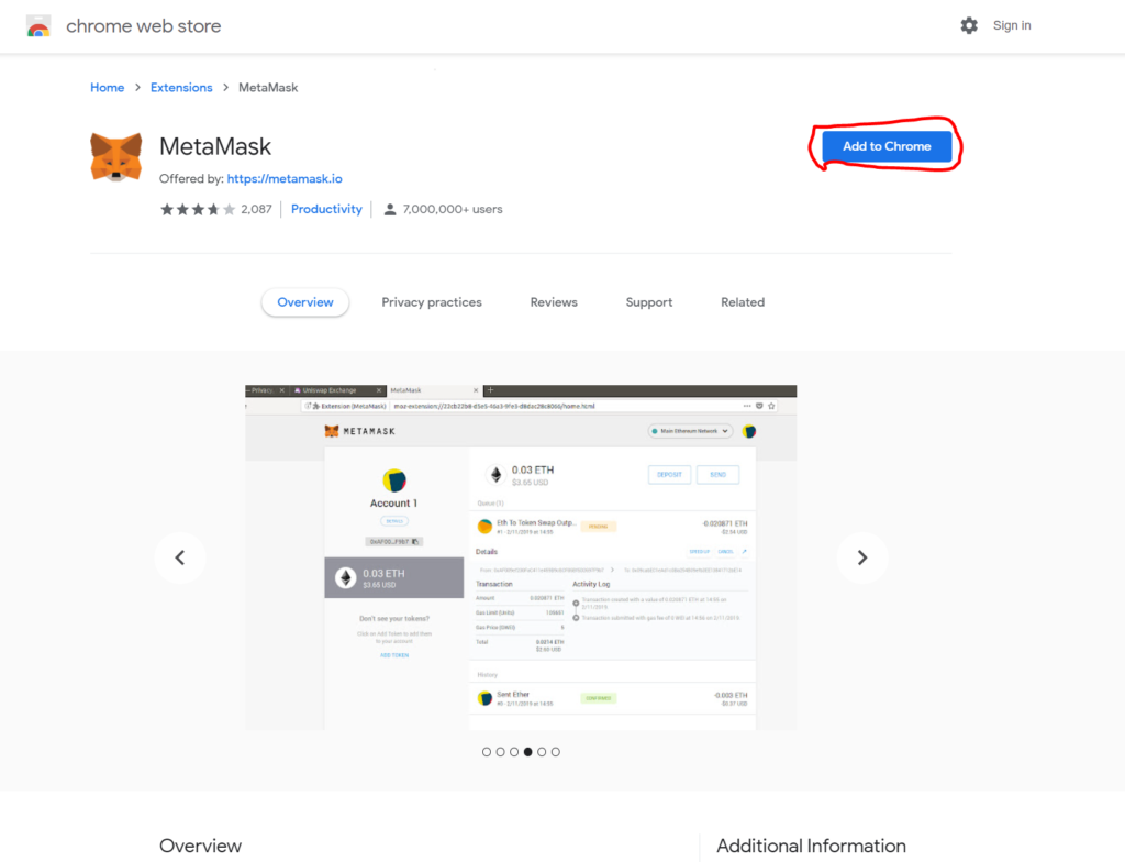 The MetaMask listing in the Chrome Web Store, showing the Add to Chrome button
