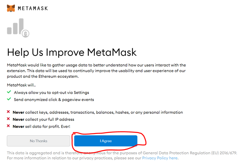 The MetaMask Create a Wallet screen
