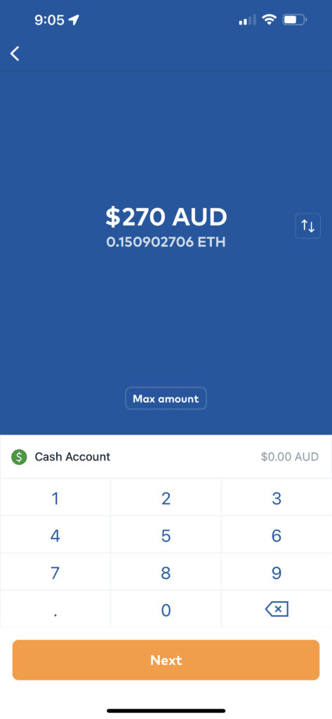 The CoinJar app’s buy screen for Ethereum