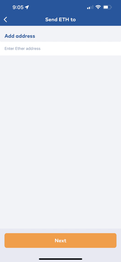 The CoinJar app’s send screen for transferring ETH to a wallet address