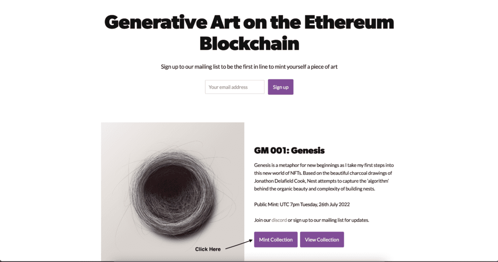 The Genesis Mint homepage with the Mint Collection link highlighted