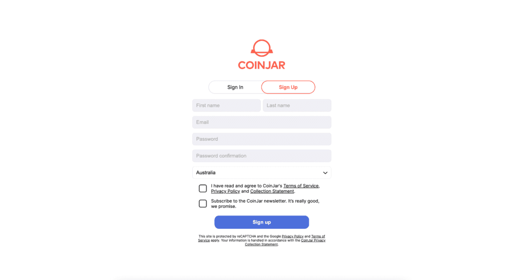 The CoinJar sign up page
