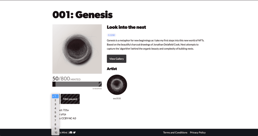The Genesis Mint mint page, with a quantity selector and mint button