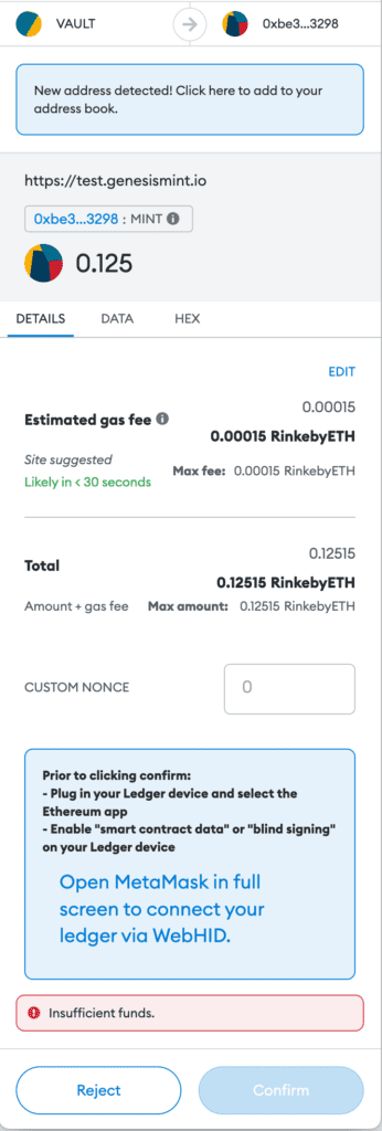 A MetaMask transaction confirmation for minting a Nest