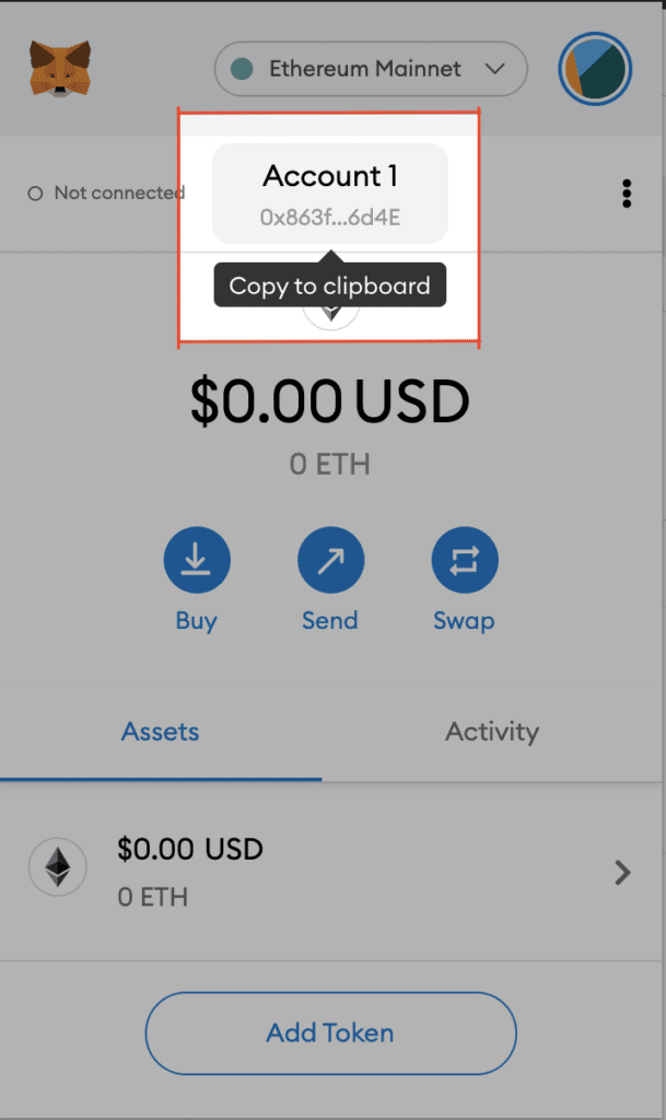 The MetaMask wallet address, which copies to the clipboard when clicked