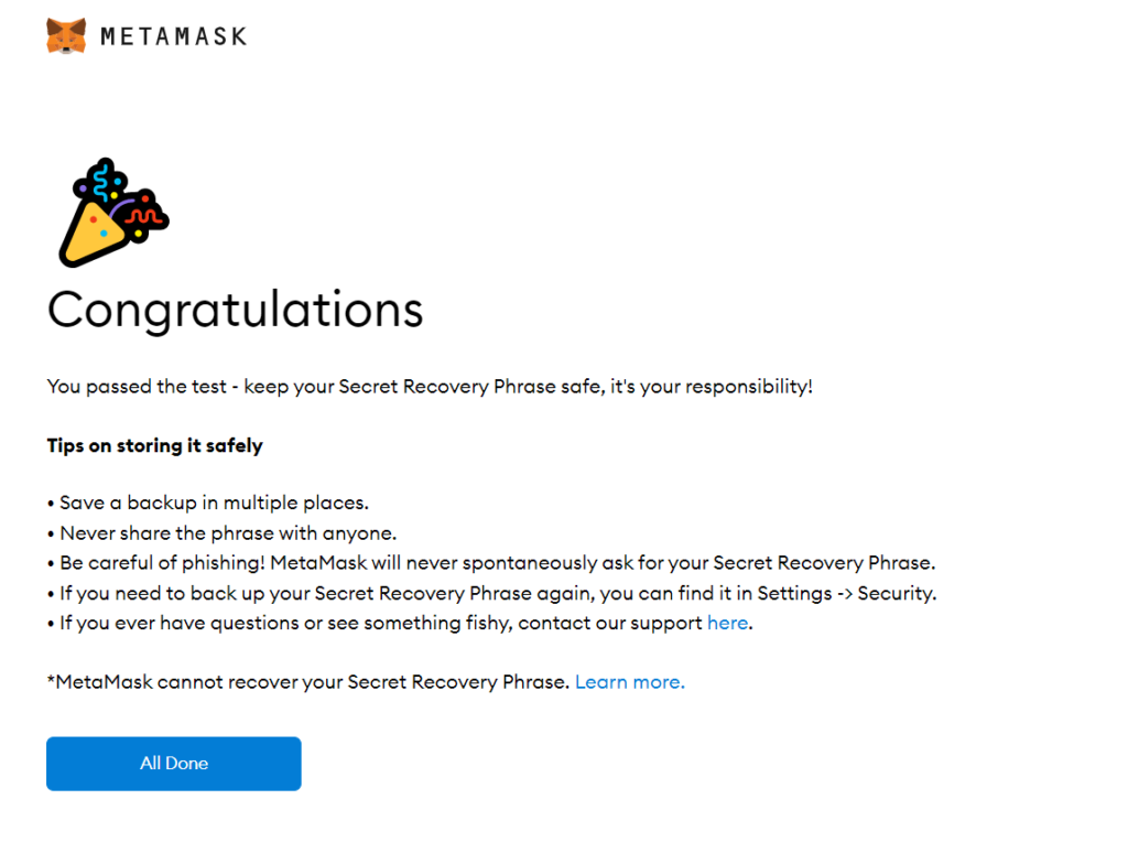 MetaMask confirming the recovery phrase has been backed up