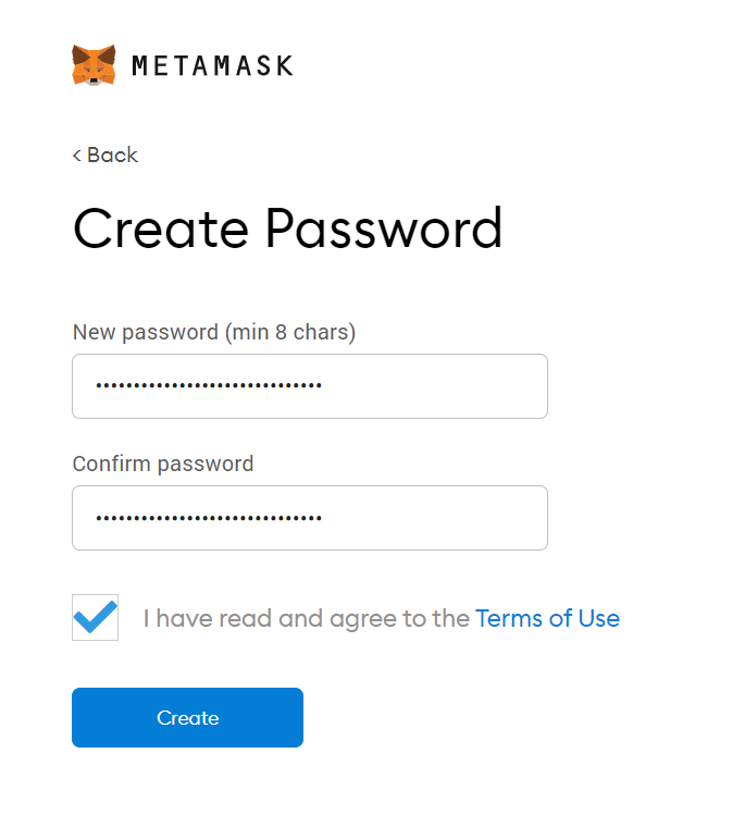The MetaMask screen for setting a wallet password