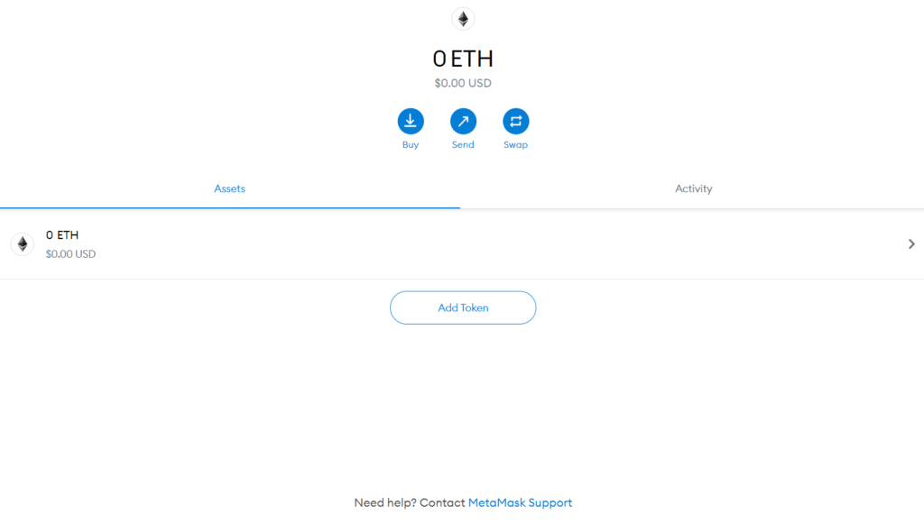 A newly created, empty MetaMask wallet