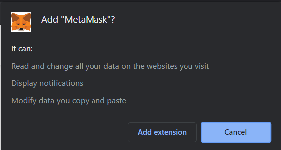 Chrome’s confirmation dialog for adding the MetaMask extension