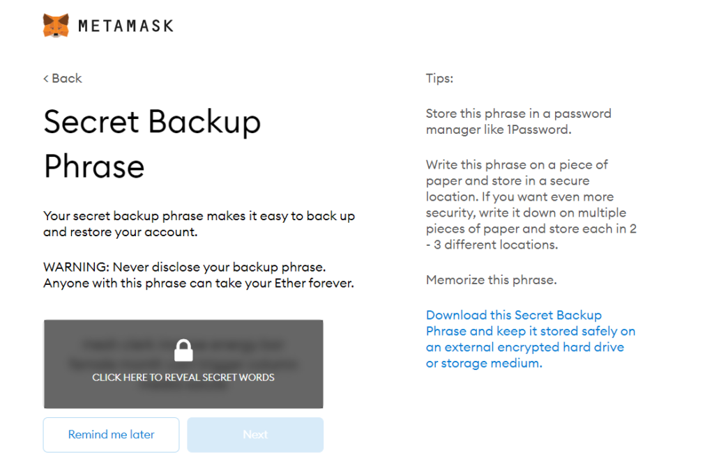 MetaMask displaying the twelve word secret recovery phrase