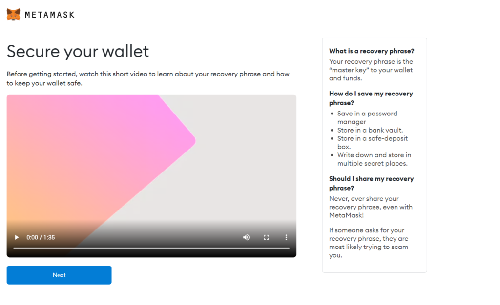 MetaMask’s introduction to the secret recovery phrase